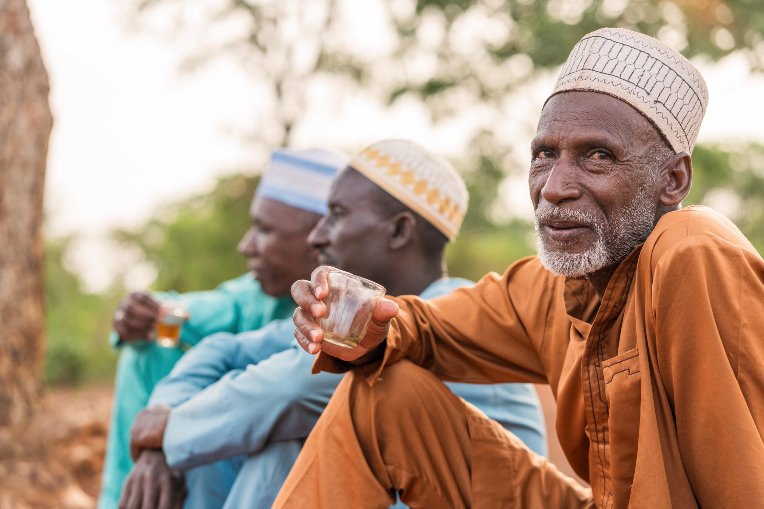 Three older men in traditional clothing sit outdoors, raising and drinking from glass cups in a sunny setting (toast).